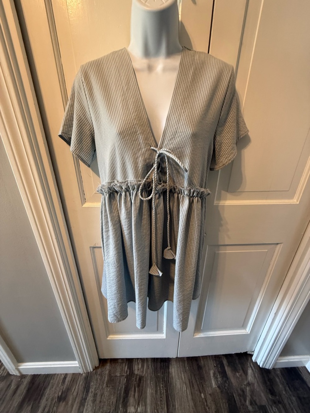 Hazel Light Gray Ribbed Tie-Front Babydoll Midi Dress